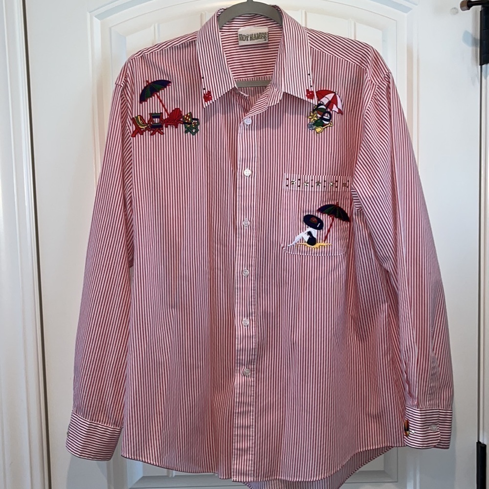 Rare retro vintage striped button-down shirt beach coastal nautical preppy XL